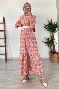 Modalamelif Deri Kemerli Desenli Elbise Gül