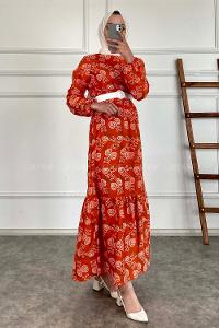 Modalamelif Deri Kemerli Desenli Elbise Oranj