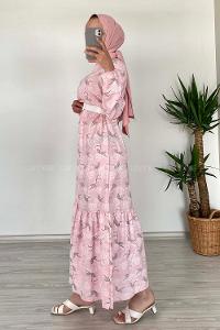 Modalamelif Deri Kemerli Desenli Elbise Pudra