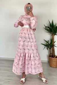 Modalamelif Deri Kemerli Desenli Elbise Pudra