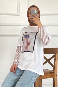 Modalamelif Deve Kuşu Baskılı Oversize T-Shirt Beyaz