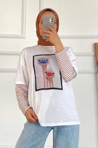 Modalamelif Deve Kuşu Baskılı Oversize T-Shirt Beyaz