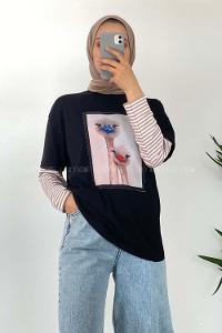 Modalamelif Deve Kuşu Baskılı Oversize T-Shirt Siyah