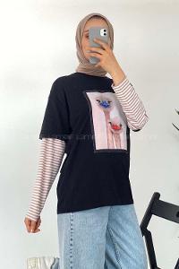 Modalamelif Deve Kuşu Baskılı Oversize T-Shirt Siyah