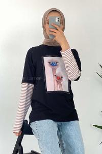 Modalamelif Deve Kuşu Baskılı Oversize T-Shirt Siyah