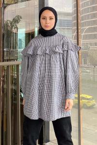 Modalamelif Ekose Büzgülü Tunik Siyah