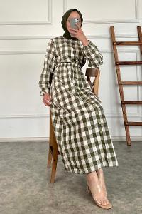 Modalamelif Eteği Dümeli Kareli Gofre Elbise Haki