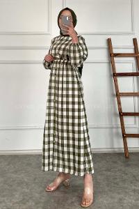 Modalamelif Eteği Dümeli Kareli Gofre Elbise Haki