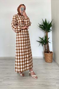 Modalamelif Eteği Dümeli Kareli Gofre Elbise Taba