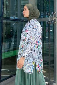 Modalamelif Geometrik Desen Dijital Baskı Gömlek Ekru