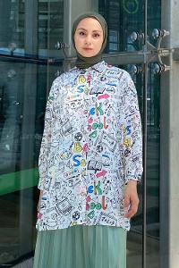 Modalamelif Geometrik Desen Dijital Baskı Gömlek Ekru