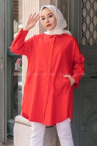 Modalamelif Gizli Cep Düşük Kol Gömlek Kırmızı