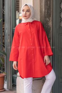 Modalamelif Gizli Cep Düşük Kol Gömlek Kırmızı