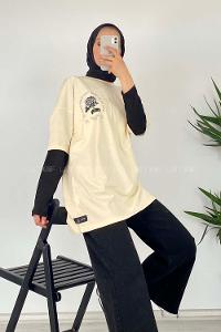 Modalamelif Gül Baskılı T-Shirt Bej