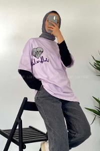 Modalamelif Kalp Nakışlı T-Shirt Lila