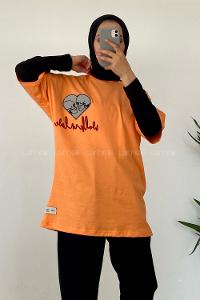 Modalamelif Kalp Nakışlı T-Shirt Oranj