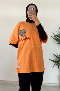 Modalamelif Kalp Nakışlı T-Shirt Oranj