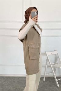 Modalamelif Kapak Cepli Metal Düğmeli Yelek Bej