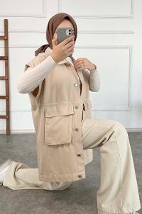 Modalamelif Kapak Cepli Metal Düğmeli Yelek Taş