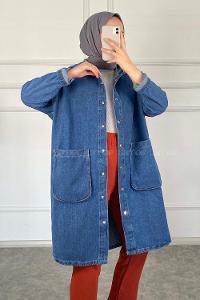 Modalamelif Kapşonlu Uzun Boyfriend Kot Ceket Kot Mavisi