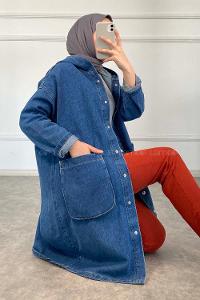 Modalamelif Kapşonlu Uzun Boyfriend Kot Ceket Kot Mavisi