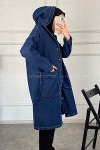 Modalamelif Kapşonlu Uzun Boyfriend Kot Ceket Koyu Mavi