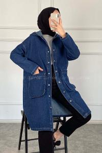 Modalamelif Kapşonlu Uzun Boyfriend Kot Ceket Koyu Mavi