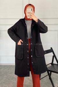 Modalamelif Kapşonlu Uzun Boyfriend Kot Ceket Siyah