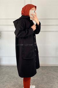 Modalamelif Kapşonlu Uzun Boyfriend Kot Ceket Siyah