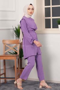 Modalamelif Kemerli Gömlek İkili Takım Eflatun