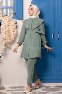 Modalamelif Kemerli Gömlek İkili Takım Pastel Yeşili