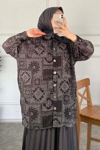 Modalamelif Kilim Desen Dijital Baskı Gömlek Siyah