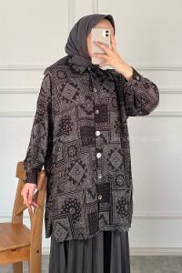 Modalamelif Kilim Desen Dijital Baskı Gömlek Siyah