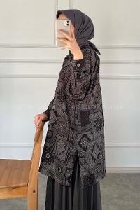 Modalamelif Kilim Desen Dijital Baskı Gömlek Siyah