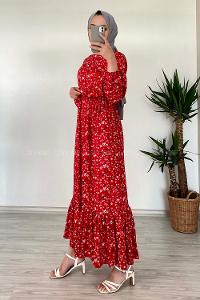 Modalamelif Kır Çiçeği Desenli Elbise Kırmızı