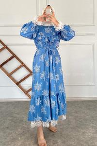 Modalamelif Kol Dantelli Desenli Elbise Açık Mavi