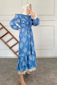 Modalamelif Kol Dantelli Desenli Elbise Açık Mavi