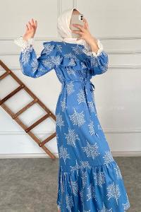Modalamelif Kol Dantelli Desenli Elbise Açık Mavi