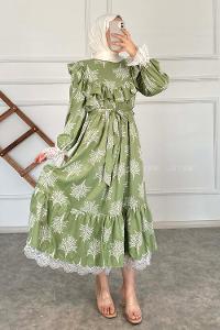 Modalamelif Kol Dantelli Desenli Elbise Çağla