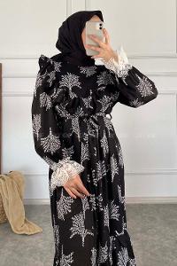 Modalamelif Kol Dantelli Desenli Elbise Siyah