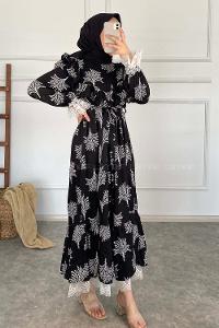 Modalamelif Kol Dantelli Desenli Elbise Siyah