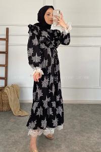 Modalamelif Kol Dantelli Desenli Elbise Siyah