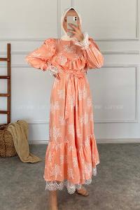 Modalamelif Kol Dantelli Desenli Elbise Soft Pudra