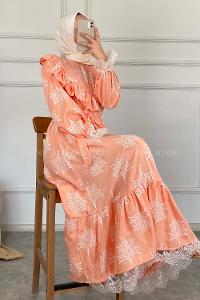 Modalamelif Kol Dantelli Desenli Elbise Soft Pudra