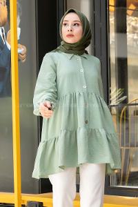 Modalamelif Metal Düğmeli Salaş Tunik Çağla