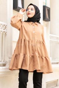 Modalamelif Metal Düğmeli Salaş Tunik Camel