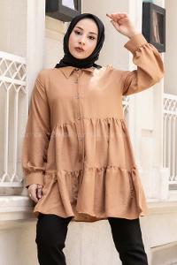 Modalamelif Metal Düğmeli Salaş Tunik Camel