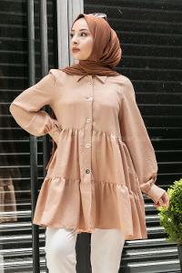 Modalamelif Metal Düğmeli Salaş Tunik Sütlü Kahve