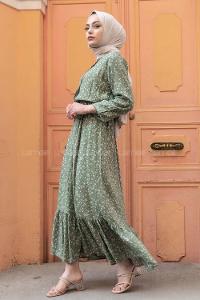 Modalamelif Minimal Papatya Desen Elbise Çağla Yeşili