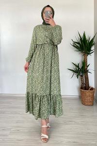 Modalamelif Minimal Papatya Desen Elbise Çağla Yeşili